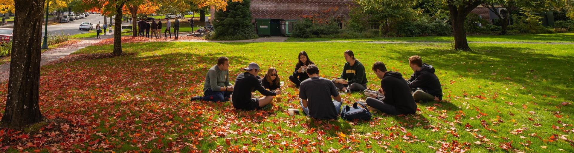 a group of students sitting on the grass in a circle. Fall leaves are on the ground