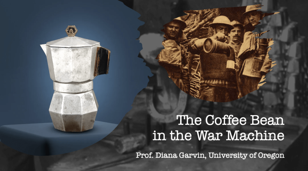 a stove-top espresso pot juxtaposed with an image of soldiers