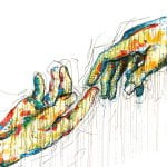 a drippy painting of two hands with index fingers touching